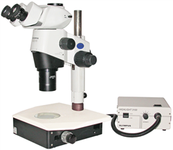 Olympus SZX16 Stereo Microscope on TLB Fiber Optic Tilting Mirror Base